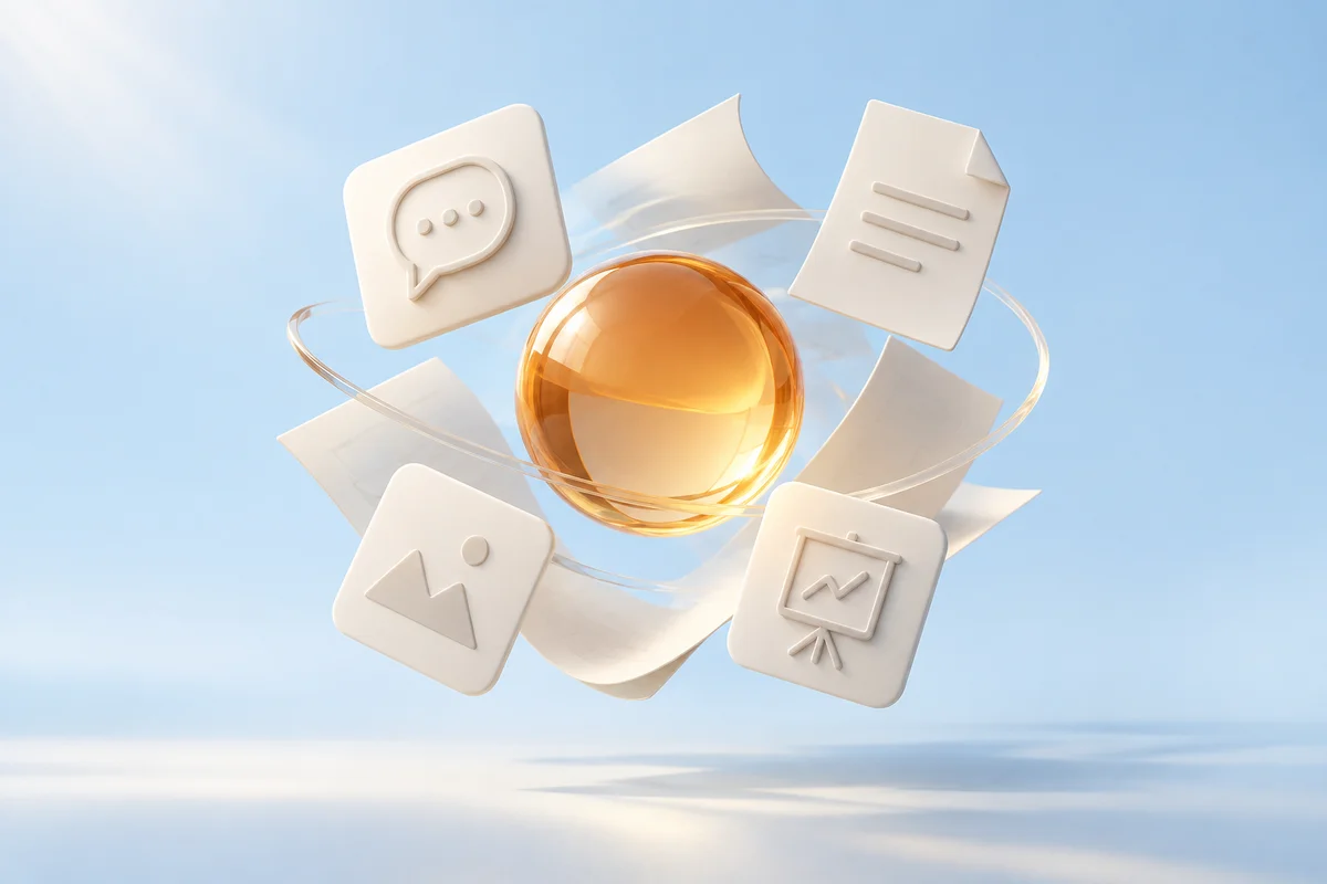 Floating creative and productivity symbols