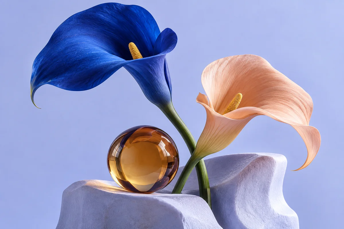 Sculptural blue and peach flowers