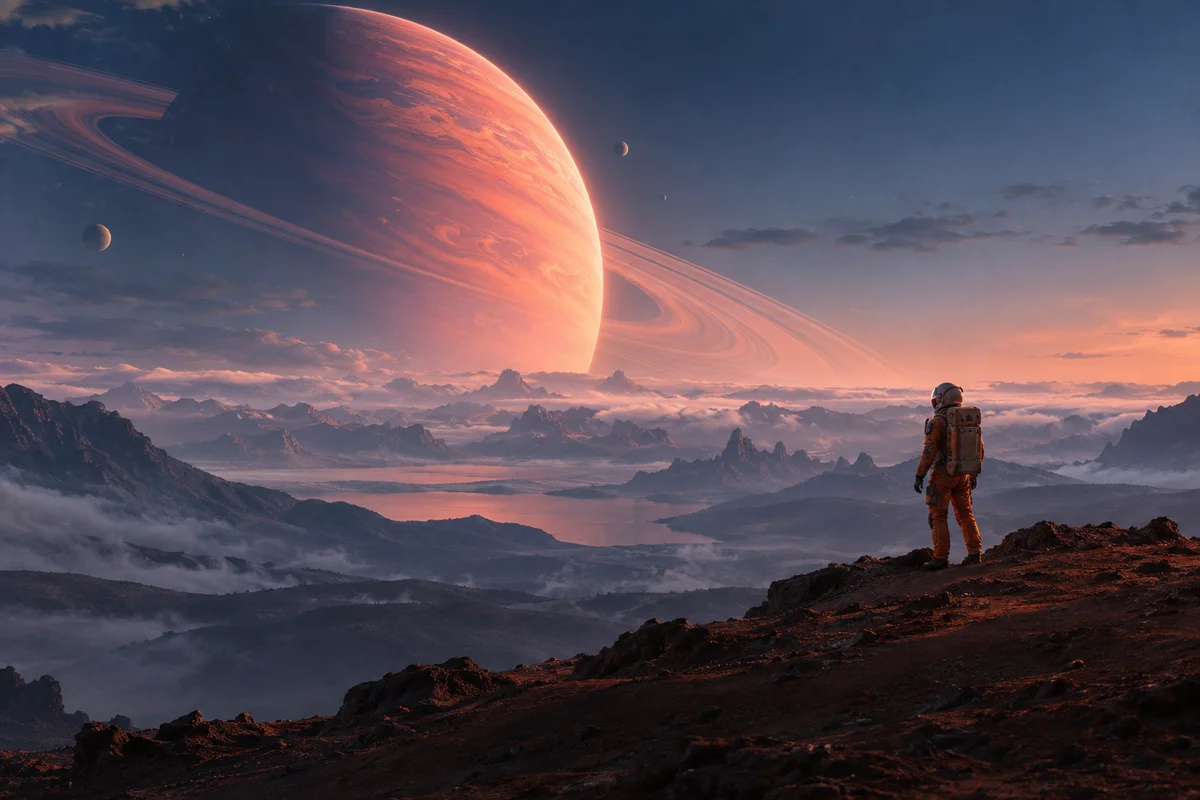 An imagined cinematic world with an astronaut and a ringed planet